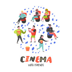 Cartoon People with Popcorn and Soda Watching Movie in the Cinema. Man and Woman Characters in 3d Glasses. Vector illustration