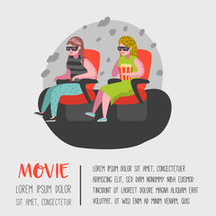 Cartoon People with Popcorn Watching Movie in the Cinema Seats Poster