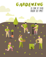 Gardening Cartoons Poster. Funny Simple Characters with Plants and Trees. Man and Woman Gardener. Vector illustration