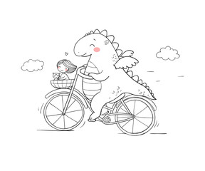 A funny cartoon dinosaur on a bicycle.