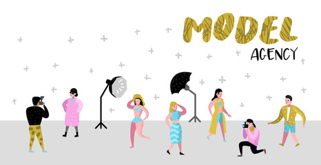 Photo Studio Characters Set with Photographer and Models Poster. Photographic Equipment and Posing Female Model. Vector illustration