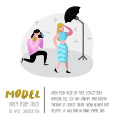 Photo Studio Characters Set with Photographer and Models Poster. Photographic Equipment and Posing Female Model. Vector illustration