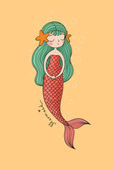Cute cartoon little mermaid. Siren. Sea theme.