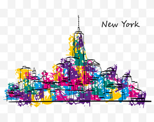 Colorful skyline of Manhattan, New York, in ink and colored paint on a transparent background.