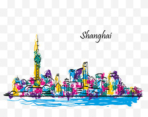 Colorful skyline of Shanghai, China, in ink and colored paint on a transparent background.