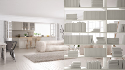 Fototapeta na wymiar Bookshelf close-up, shelving foreground, interior design concept, modern scandinavian living room in the background