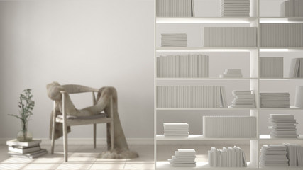 Bookshelf close-up, shelving foreground, interior design concept, modern scandinavian living room in the background