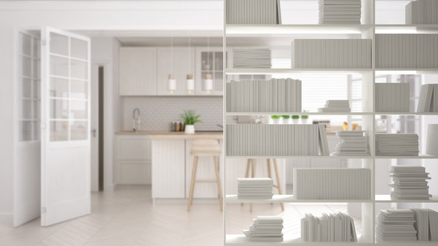 Bookshelf close-up, shelving foreground, interior design concept, modern minimalist kitchen in the background
