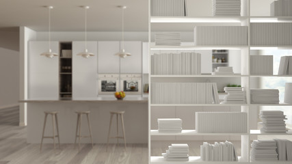 Fototapeta na wymiar Bookshelf close-up, shelving foreground, interior design concept, minimalist kitchen in the background