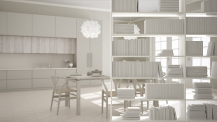 Bookshelf close-up, shelving foreground, interior design concept, classic bright kitchen in the background