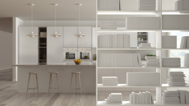 Bookshelf close-up, shelving foreground, interior design concept, minimalist kitchen in the background