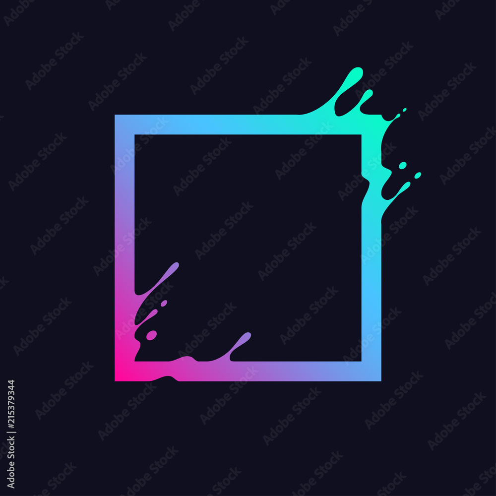 Aufkleber Liquid colorful square. Abstract gradient rectangle shape with splash and drops. Flux effect design for logo, banner, poster. Vector illustration.