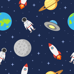 Space seamless background with astronaut, planet, rocket, moon and ufo. Cosmic pattern in flat style. Vector illustration.
