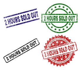 2 HOURS SOLD OUT seal prints with damaged texture. Black, green,red,blue vector rubber prints of 2 HOURS SOLD OUT title with corroded texture. Rubber seals with circle, rectangle, medallion shapes.