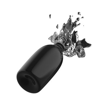 Splashing Water From Black Glossy Bottle Isolated