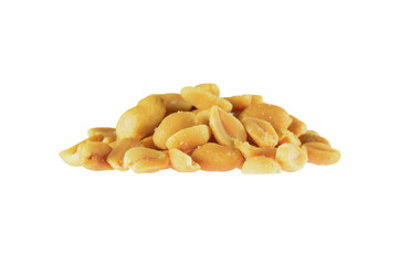 Peeled salted peanuts isolated on white background