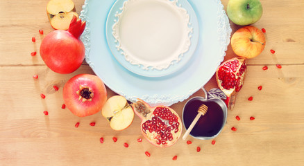 Rosh hashanah (jewish New Year holiday) concept. Traditional symbols.