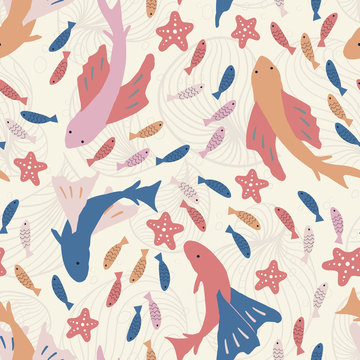 Busy ocean life with fish swimming. Vector seamless pattern. © lidiebug