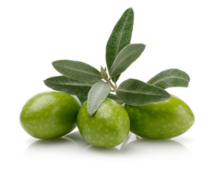 Green Olives and leaves isolated on white background