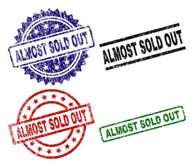 ALMOST SOLD OUT seal prints with corroded texture. Black, green,red,blue vector rubber prints of ALMOST SOLD OUT label with dirty texture. Rubber seals with circle, rectangle, medallion shapes. © Evgeny
