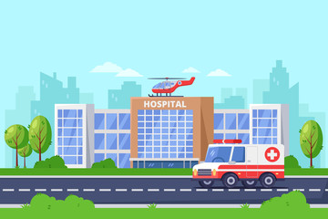 City hospital modern building, vector flat illustration. Clinic medical center, ambulance car and helicopter on roof. © Qualit Design