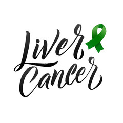 Vector Calligraphy Poster. Green White Awareness Ribbons of Liver Cancer Vector illustration