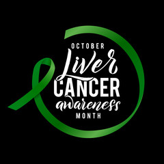 Vector Calligraphy Poster. Green White Awareness Ribbons of Liver Cancer Vector illustration