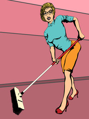 Woman housewife with a mop