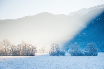 Obraz na płótnie Canvas Beautiful winter landscape at sunrise in Alps, France