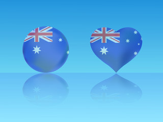 Australian flag in glossy ball and heart with reflection on blue background vector illustration