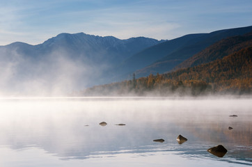 Morning fog on the lake, sunrise shot