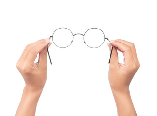 hand holding blue eye glasses isolated on white background