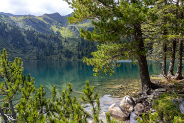 Fototapeta na wymiar mountain lake scheibelsee, in the background mountain great boesenstein in styria, rottenmanner tauern, austria