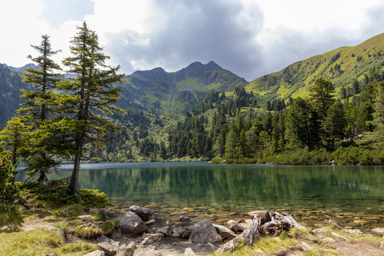 mountain lake scheibelsee, in the background mountain great boesenstein in styria, rottenmanner tauern, austria