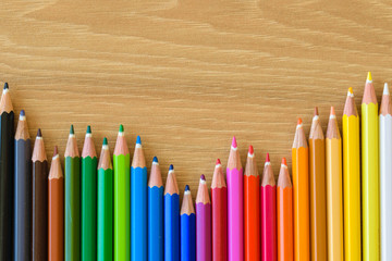 Colorful pencils isolated on wooden background, copy space