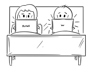 Cartoon stick drawing conceptual illustration of couple in bed, both man and woman are working or chatting on computer. Concept of workaholism , social media and sex life relationship problem.