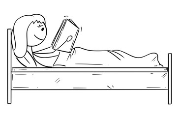 Cartoon stick drawing conceptual illustration of happy woman reading a book in bed.