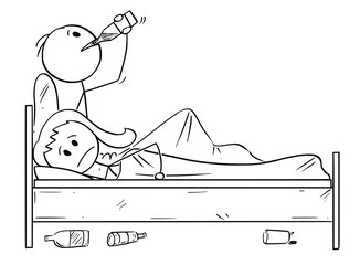 Cartoon stick drawing conceptual illustration of unhappy or frustrated woman trying to sleep while man or husband is drinking alcohol in bed. Concept of relationship problem and alcohol addiction.