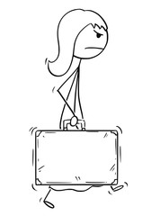 Cartoon stick drawing conceptual illustration of angry woman or businesswoman walking with suitcase.