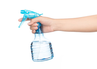 hand holding blue bottle can Spray Pistol. Object isolated on white background