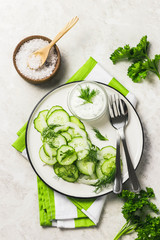 Vegetarian low calorie cucumber and fennel salad with yogurt dressing. Top view, space for text.