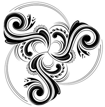 Celtic disk ornament with triple spiral symbol, black and white vector image.