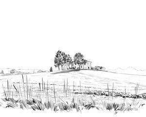 Rural landscape. Farm sketch hand drawn vector illustration. 
