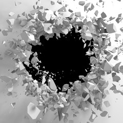 Dark destruction cracked hole in white stone wall