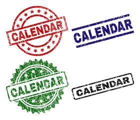 CALENDAR seal prints with distress surface. Black, green,red,blue vector rubber prints of CALENDAR label with grunge surface. Rubber seals with circle, rectangle, rosette shapes.