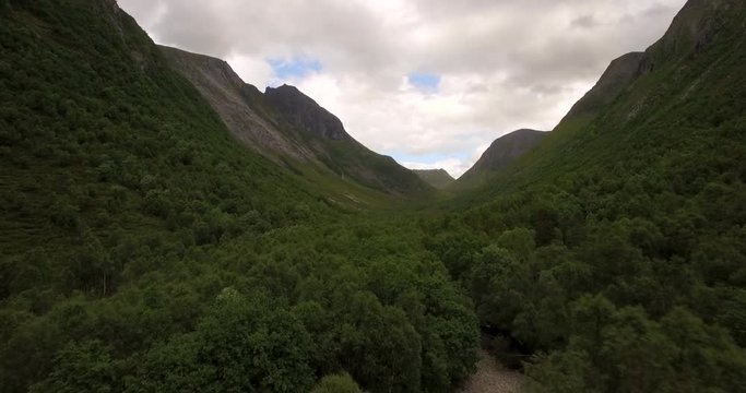 4k Drone footage over windy jungel forest in beautiful valley over river in Norway, Sunnmore Orsta Skorgedalen.