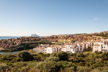 Fototapeta na wymiar Beach and golf field in La Alcaidesa, Costa del Sol, Spain with Gibraltar in the horizon