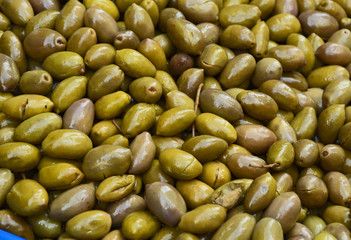 A lot of pitted Green Olives for sell at Central  market in Athens Greece with full frame.