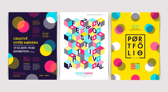 Set of Flyer templates with geometric shapes and patterns, 80s memphis geometric style. Vector illustrations.