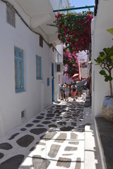 Picturesque Streets Very Narrow Full Of Shops In Chora Island Of Mikonos .Arte History Architecture.3 Of July 2018. Chora, Island Of Mikonos, Greece.